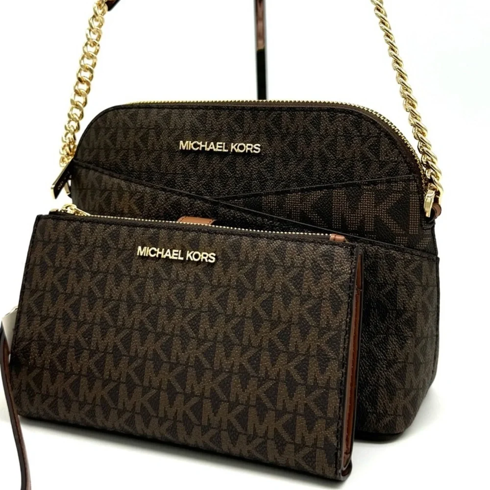 MICHAEL KORS Jet Set Travel Medium Dome Crossbody Bag & Double Zip Wallet Brown